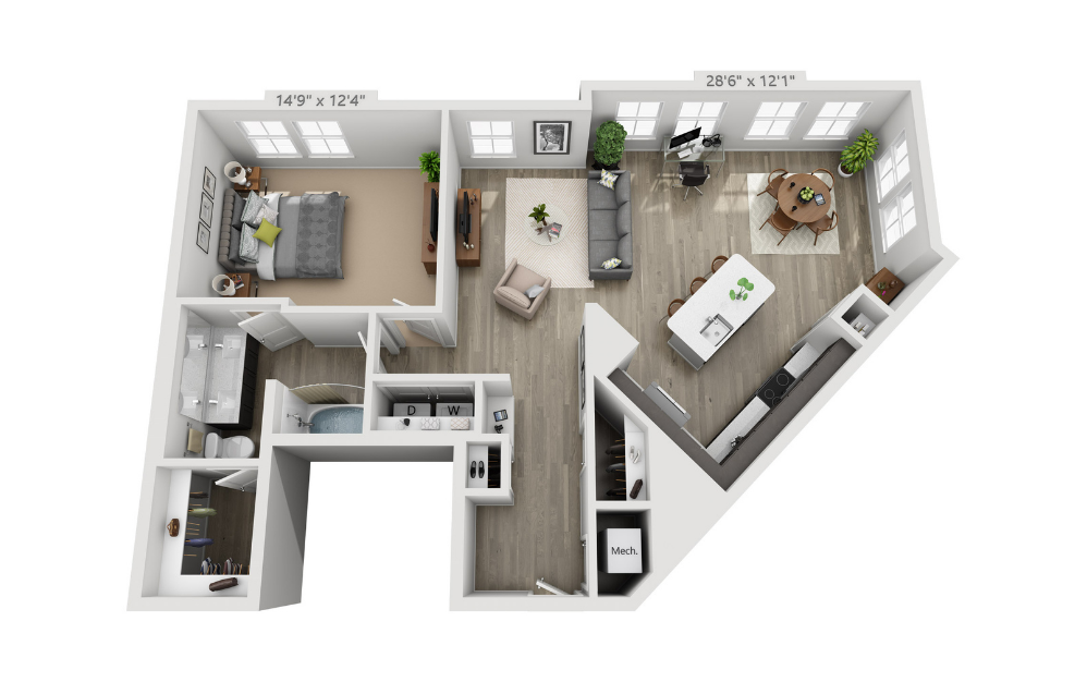 A5 - 1 bedroom floorplan layout with 1 bathroom and 1053 square feet