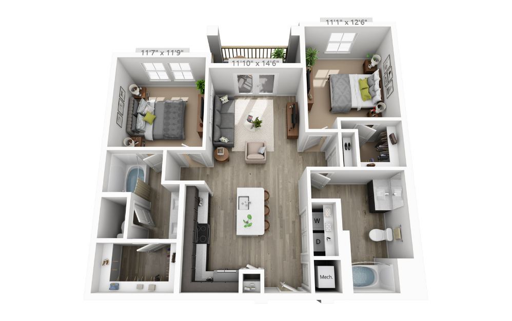 B1 - 2 bedroom floorplan layout with 2 bathrooms and 1048 square feet