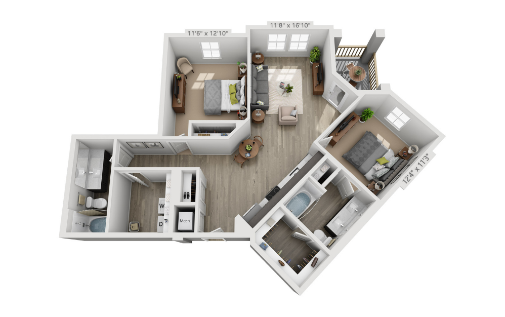 B3 - 2 bedroom floorplan layout with 2 bathrooms and 1102 square feet