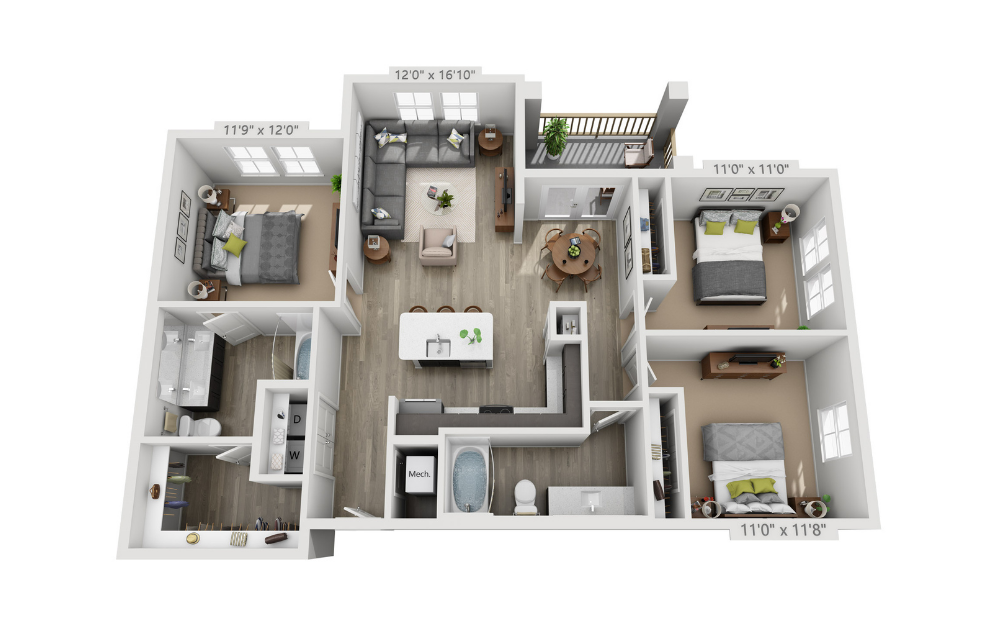 C2 - 3 bedroom floorplan layout with 2 bathrooms and 1286 square feet