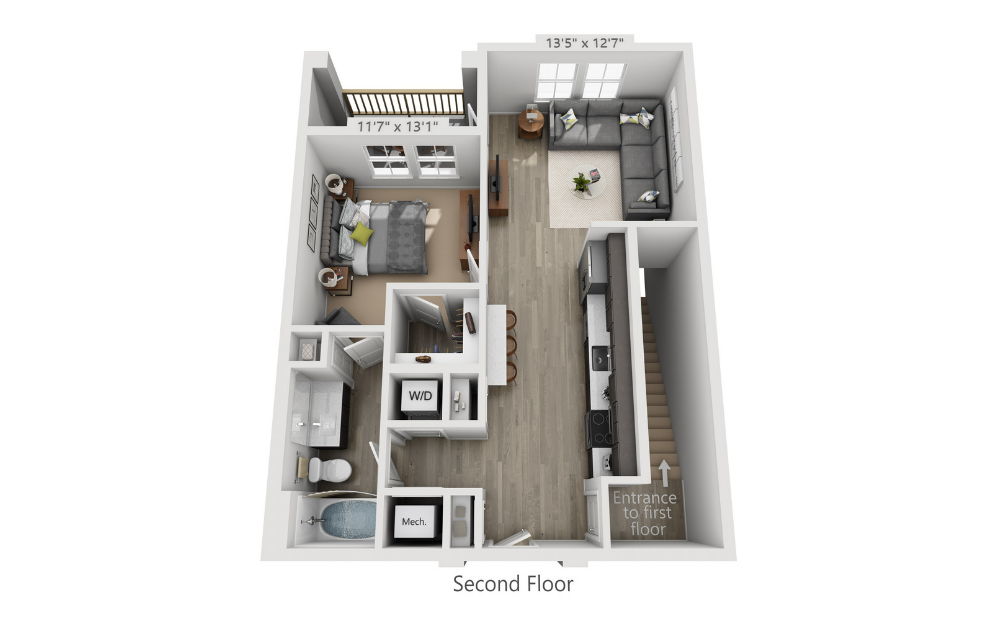 LA1 - 1 bedroom floorplan layout with 1.5 bathroom and 1614 square feet (Floor 2)