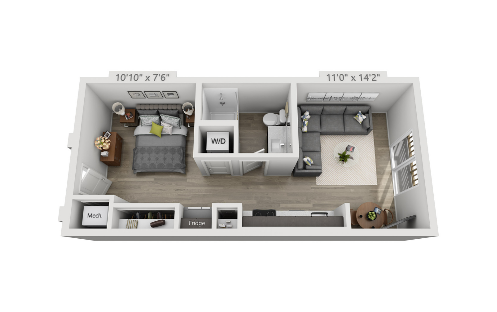 S3 - Studio floorplan layout with 1 bathroom and 506 square feet